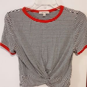 Short sleeve red trim black and white stripped crop top